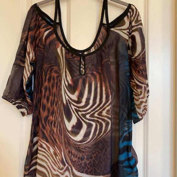 Bebe 100% Silk Cold Shoulder Blouse Animal Print Brown/Blue Size M - Picture 1 of 16